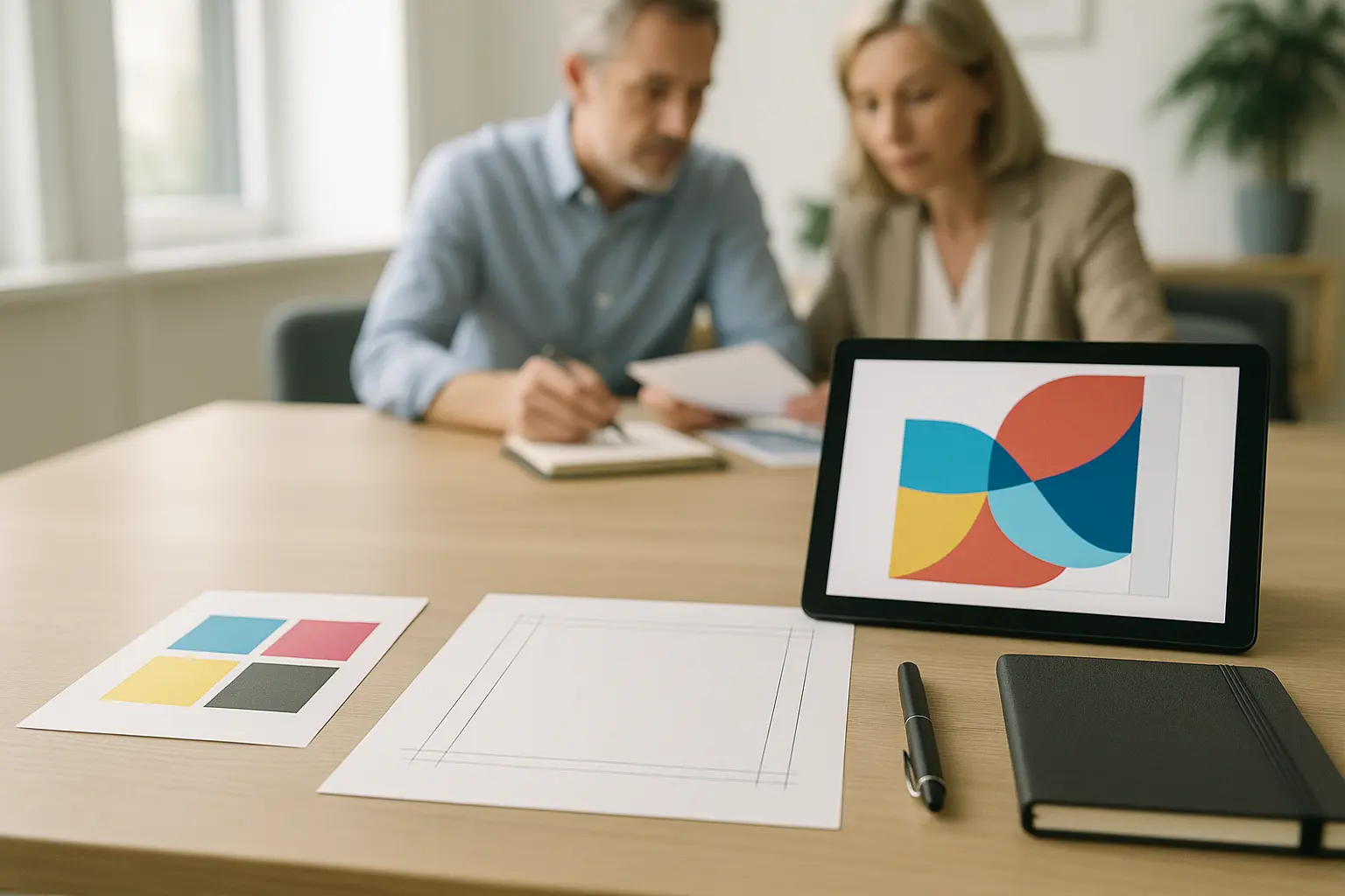 Aranżacja biurowa z materiałami do druku.