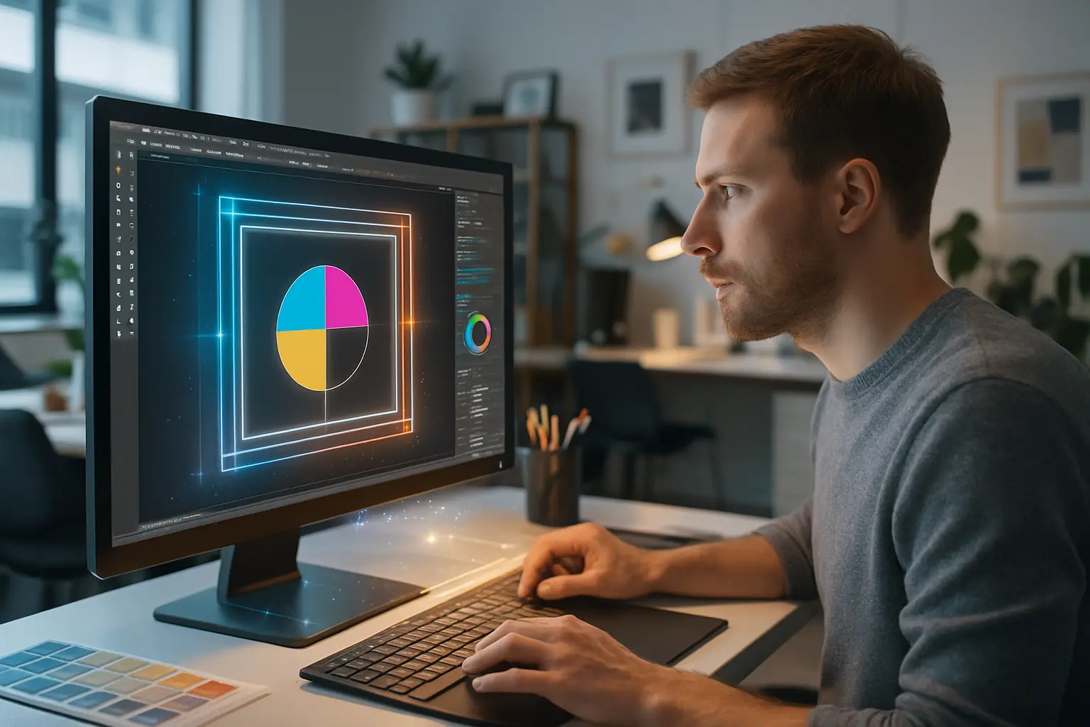 Projektant przy monitorze z oprogramowaniem graficznym.