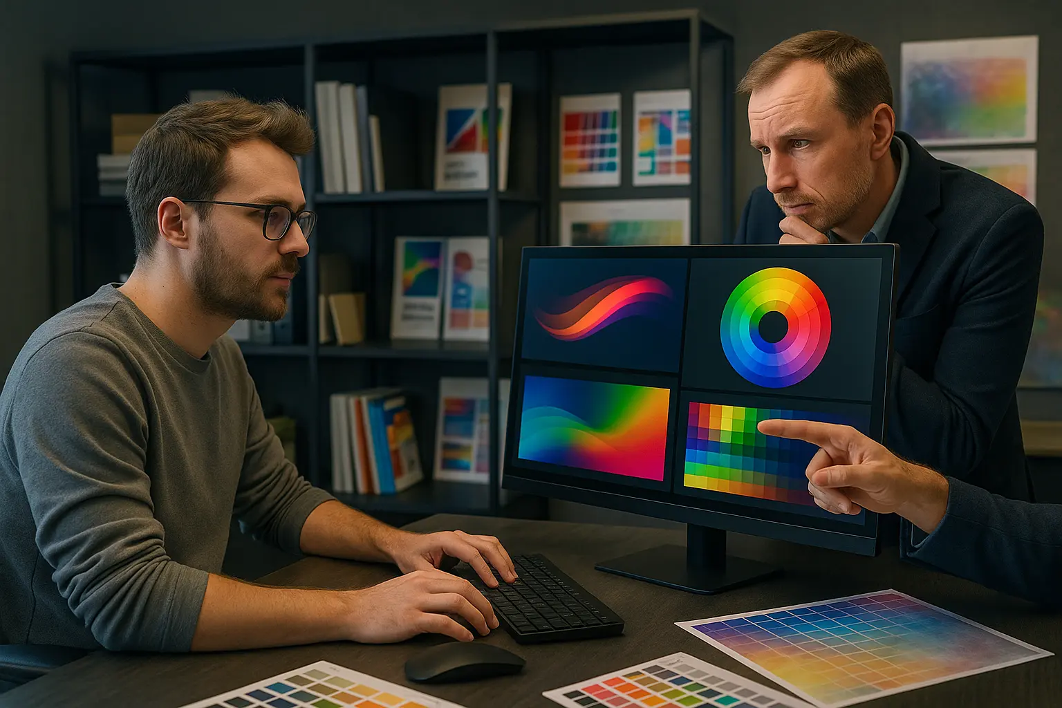 Grafik i klient przy komputerze, analiza kolorów.