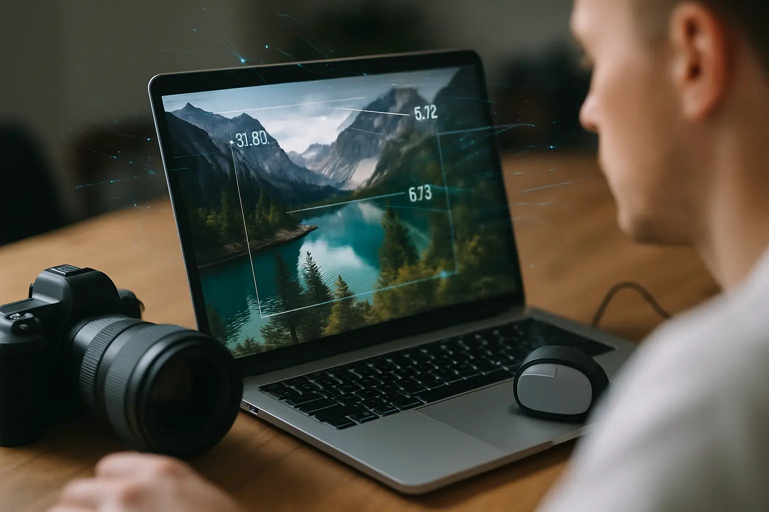 Biurko fotografa, aparat, laptop, kalibracja kolorów.