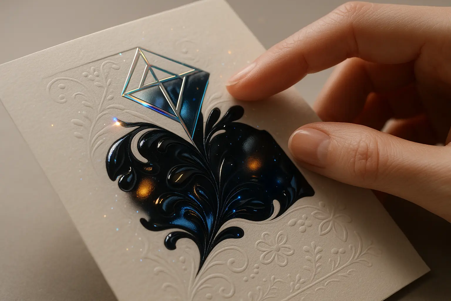 Dłoń dotyka karty z luksusowymi uszlachetnieniami.