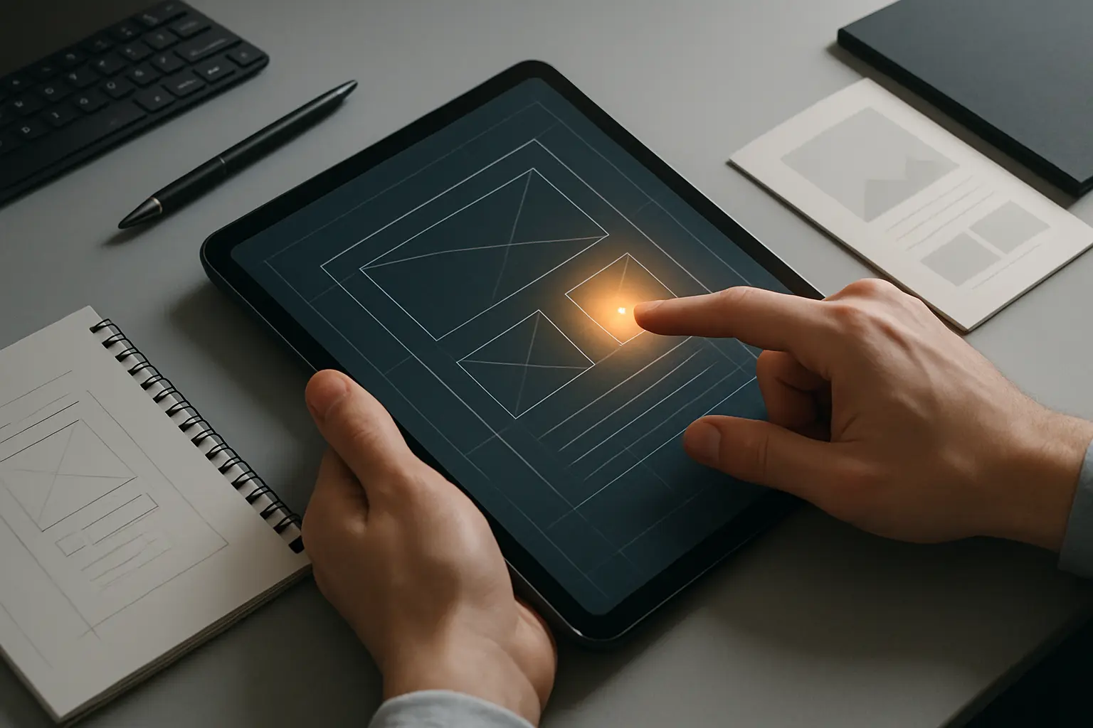 Biurko projektanta z tabletem i ręką