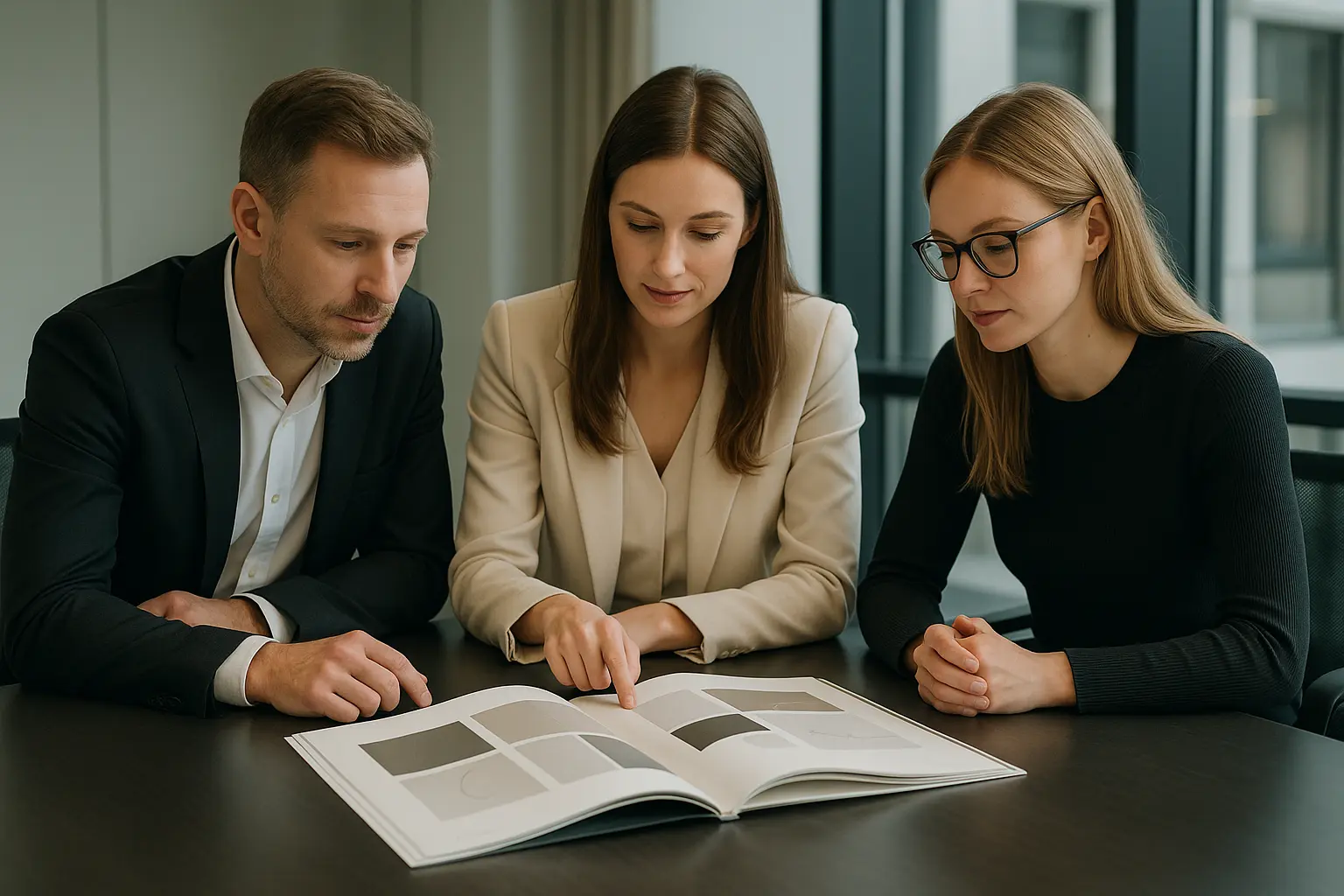 Spotkanie w nowoczesnym biurze, przeglądanie brand booka.