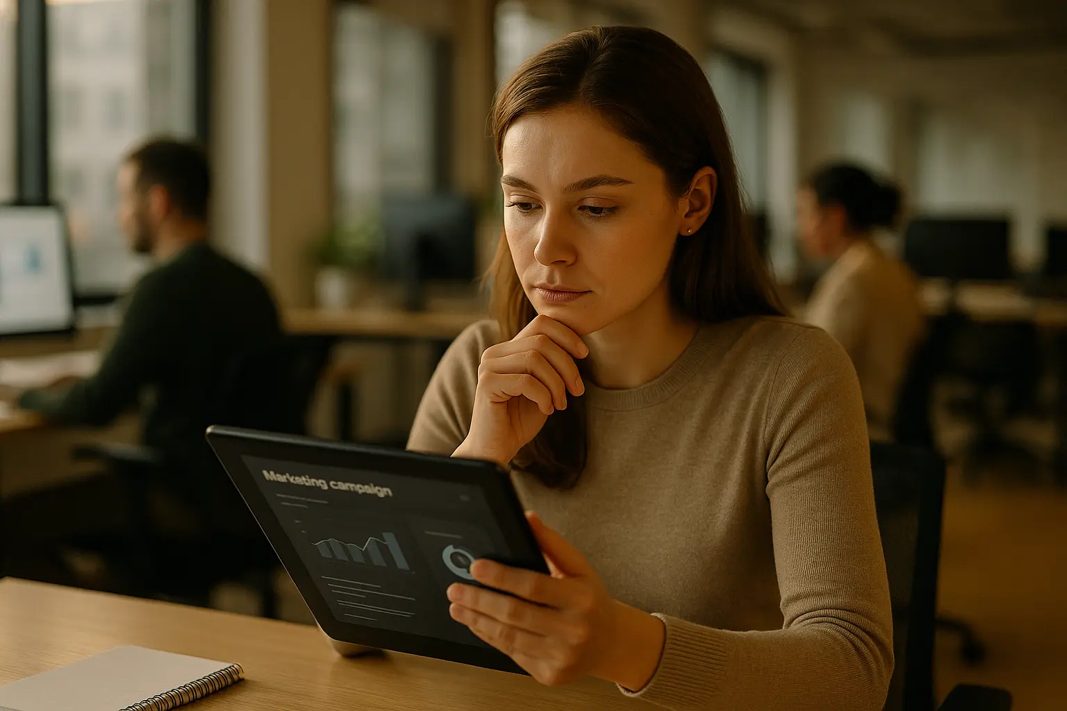 Kobieta zamyślona przy tablecie w biurze.
