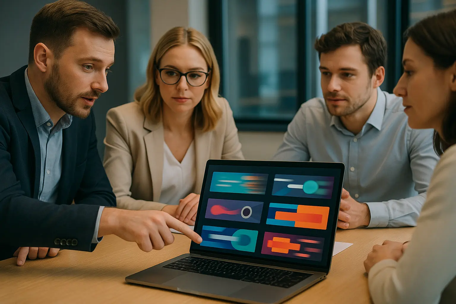 Zespół w biurze omawia bannery reklamowe.