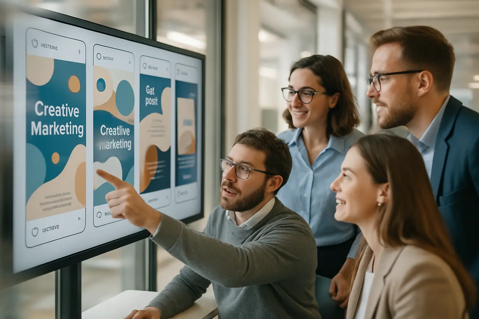 Marketing team collaborating on digital design.