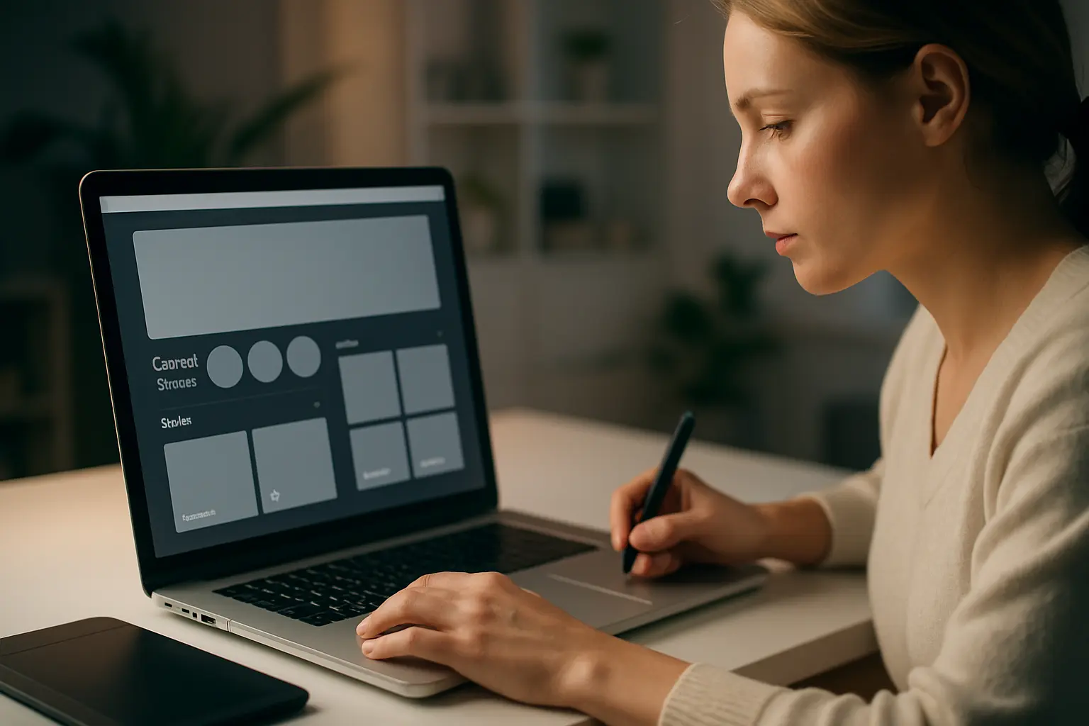 Kobieta przy laptopie, projektowanie graficzne