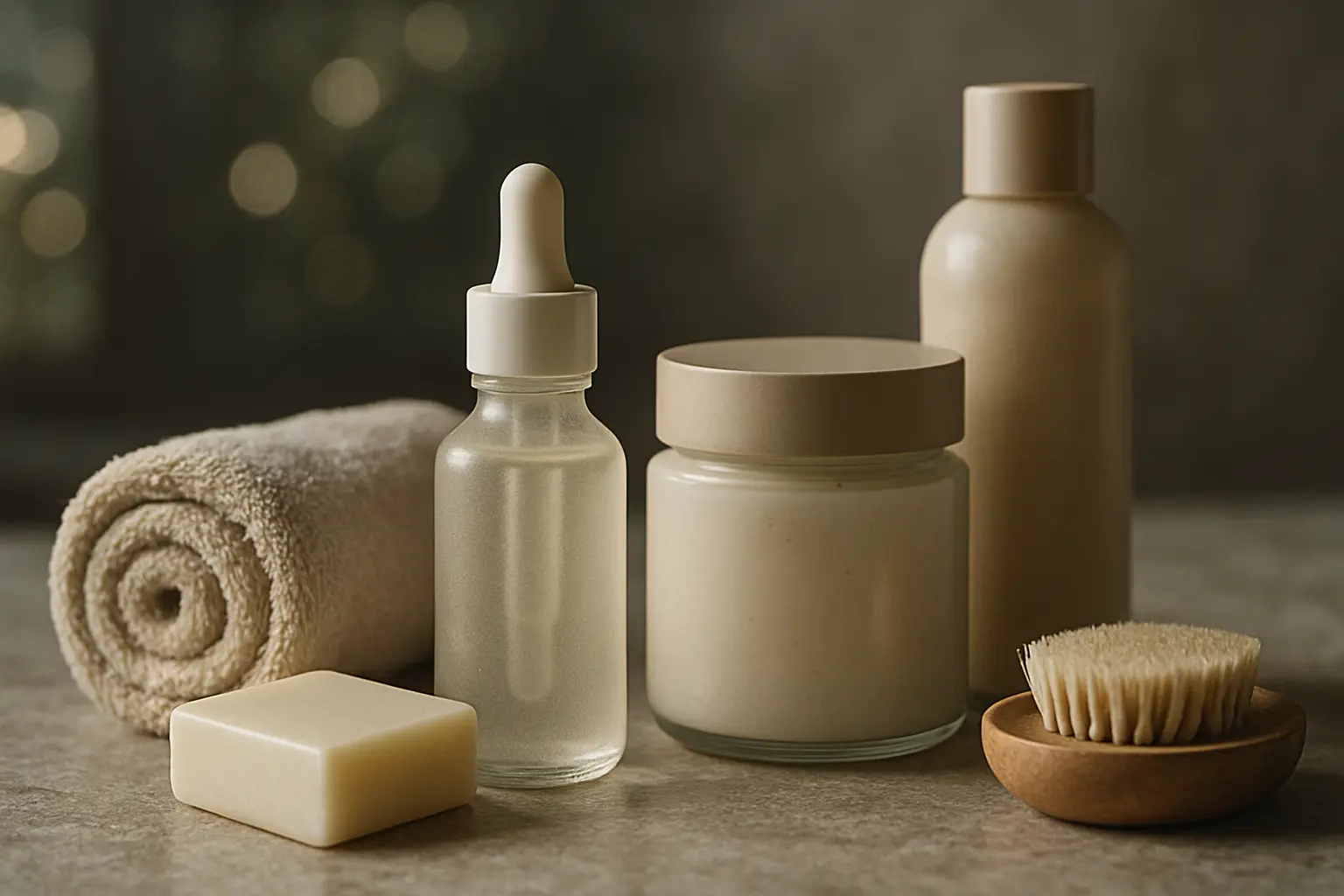 Starannie zaaranżowane produkty, bokeh, naturalne światło.