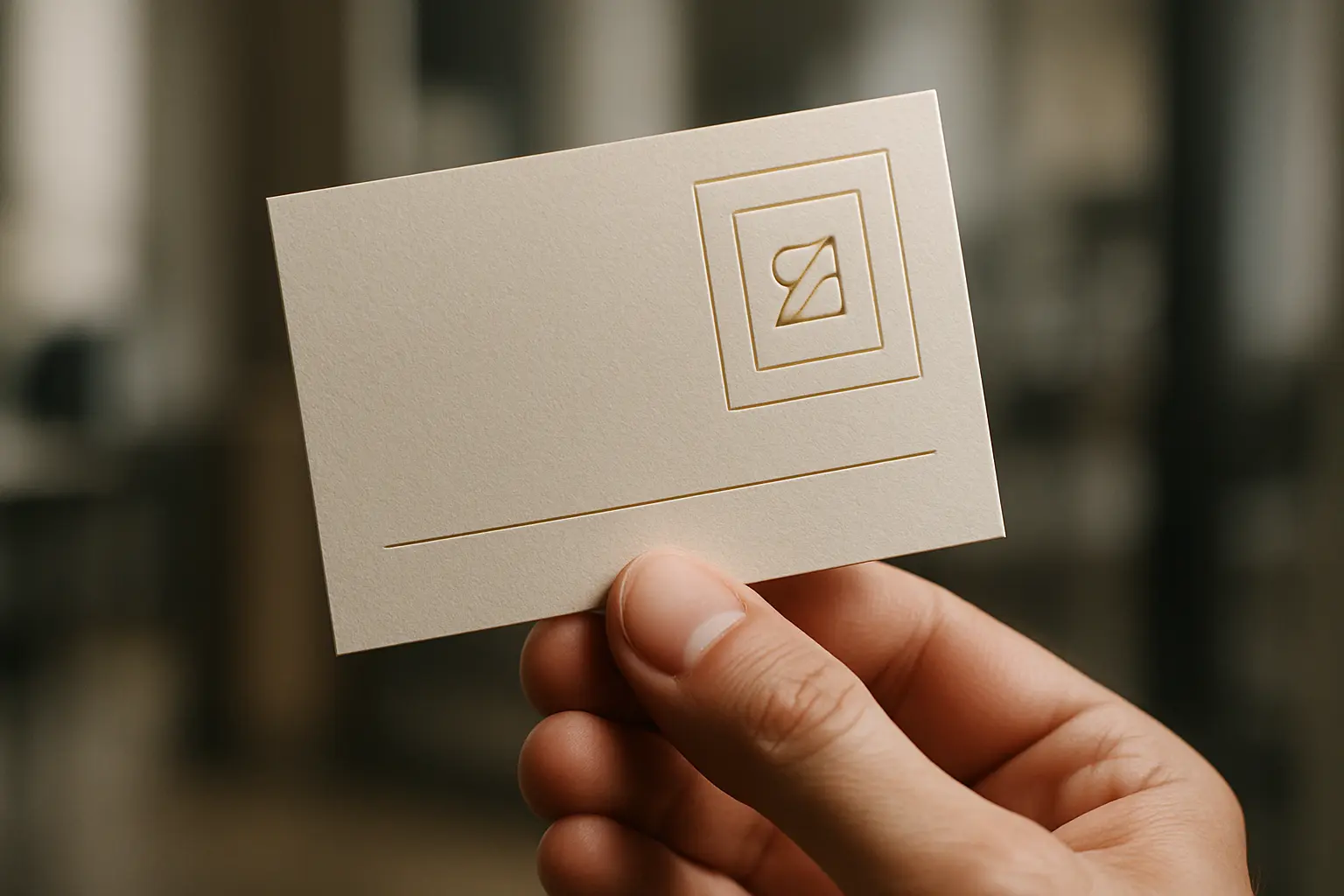 Dłoń trzyma elegancką wizytówkę.