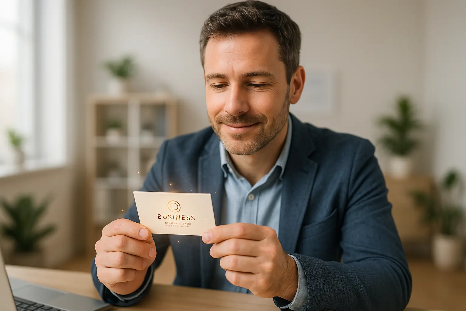 Mężczyzna przegląda wizytówkę w nowoczesnym biurze.