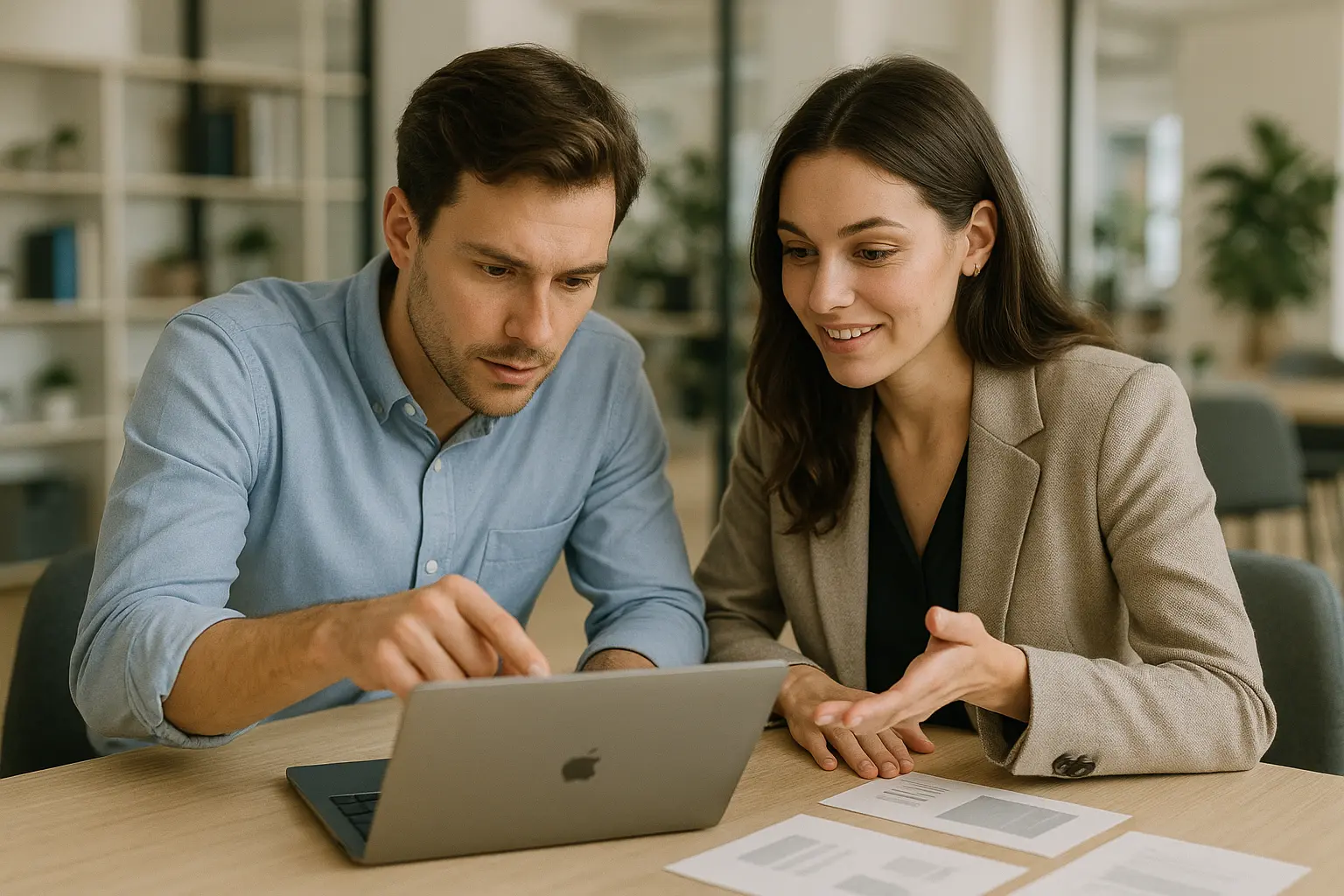 Mężczyzna i kobieta omawiający coś na laptopie w biurze.