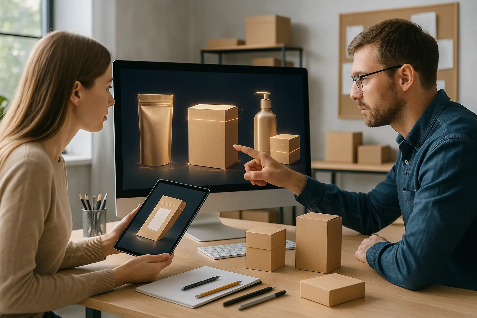 Projektanci opakowań omawiają mockup.