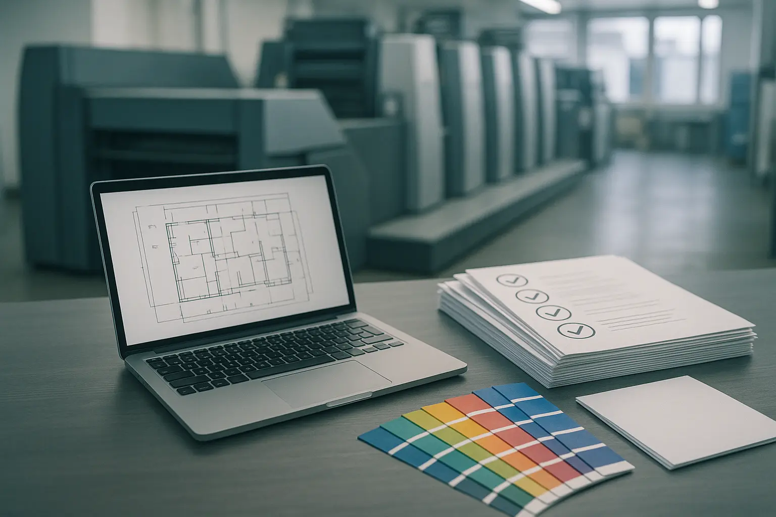 Biurko projektowe z drukarnią w tle