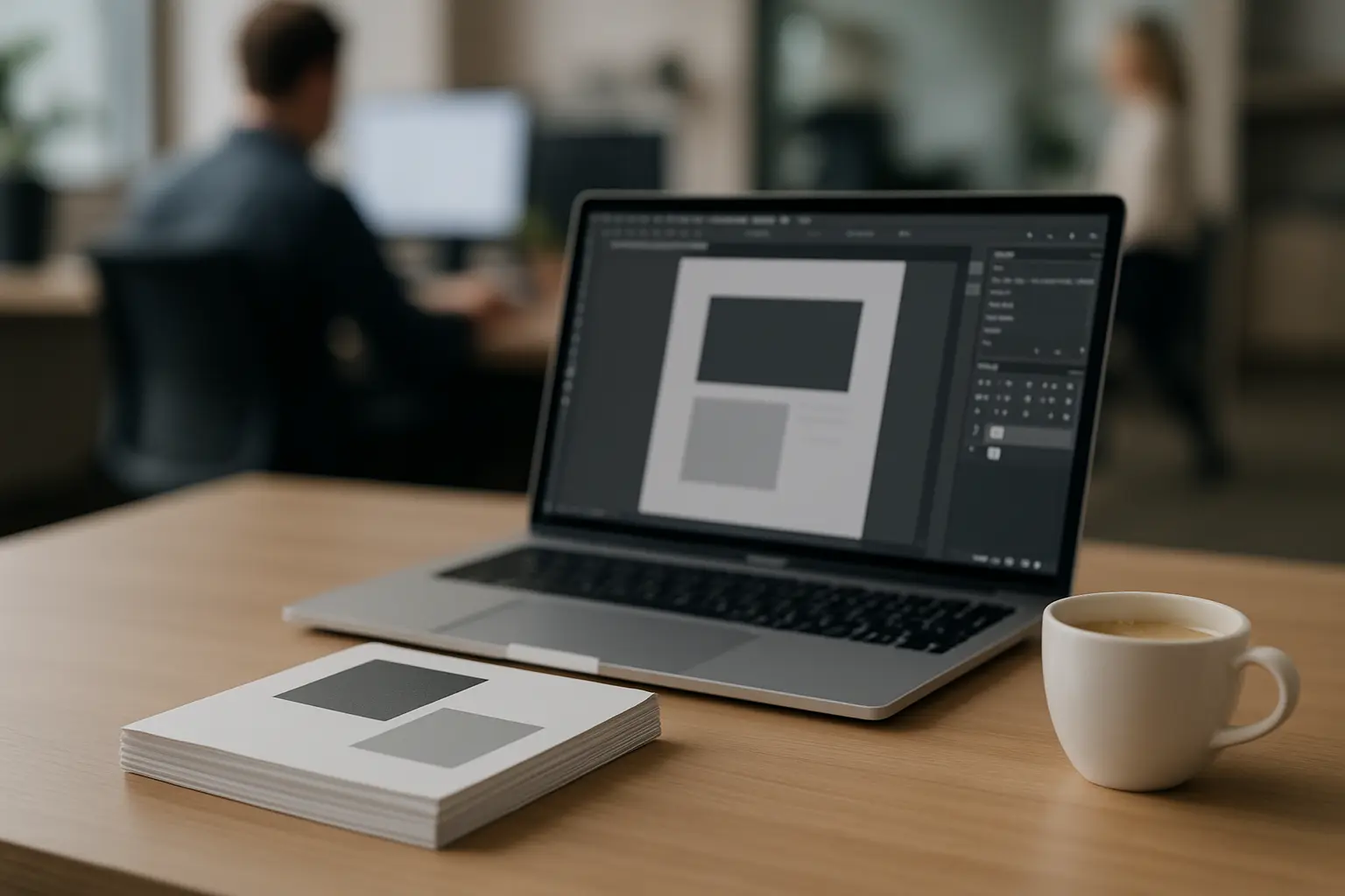 Nowoczesne biurko, laptop, druki, kawa.