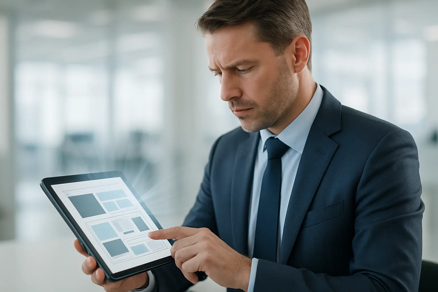 Mężczyzna z tabletem, projekt w biurze.