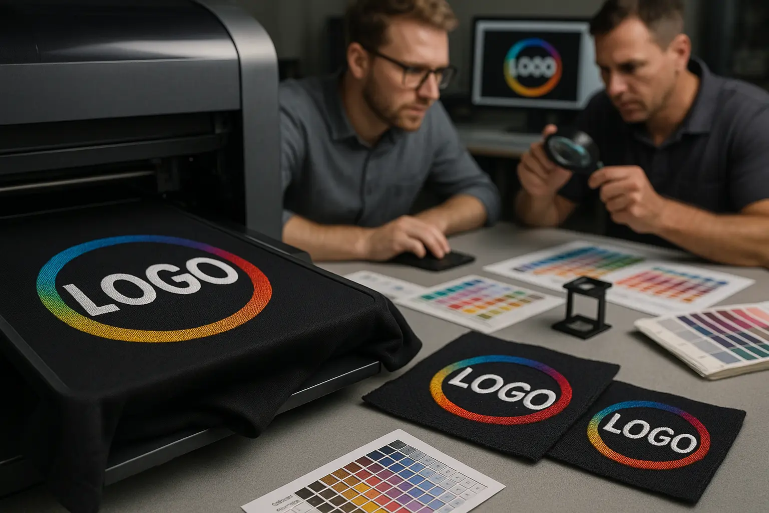 Proces produkcji logo: druk, haft, projekt.