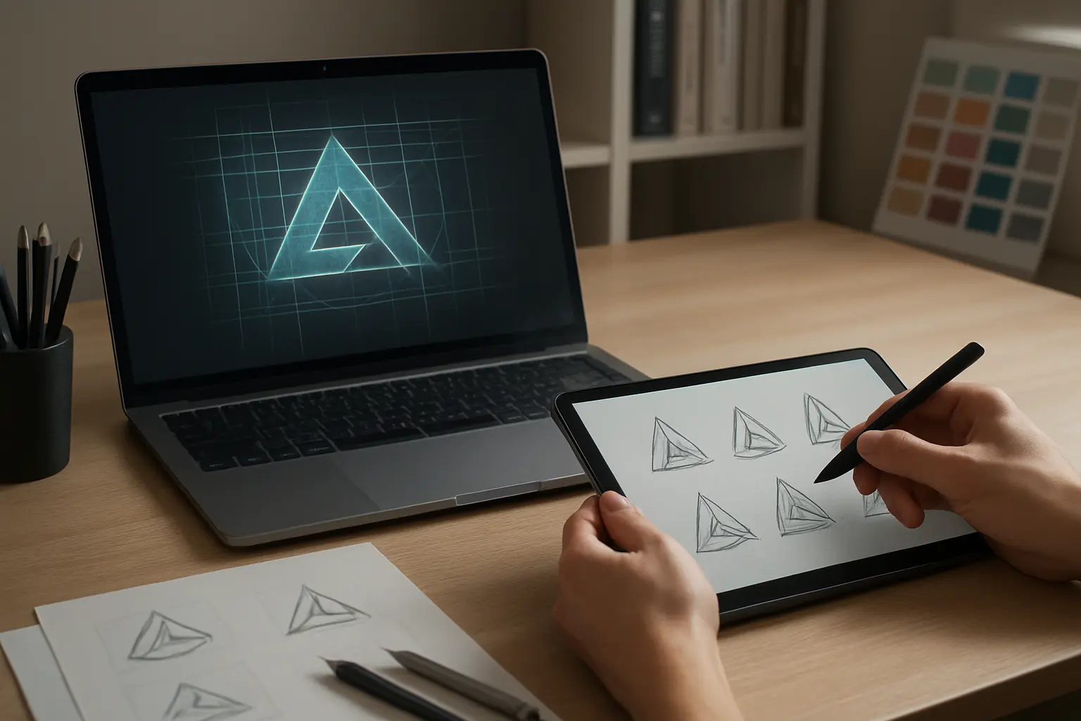 Projektant w pracy: logo, tablet, laptop.