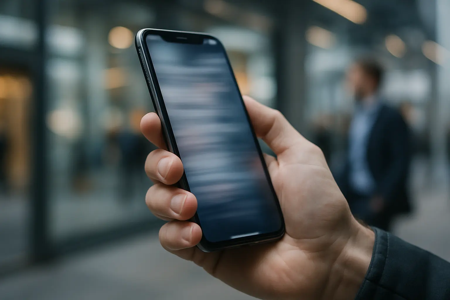 Dłoń z rozmazanym smartfonem, miejski dynamizm.