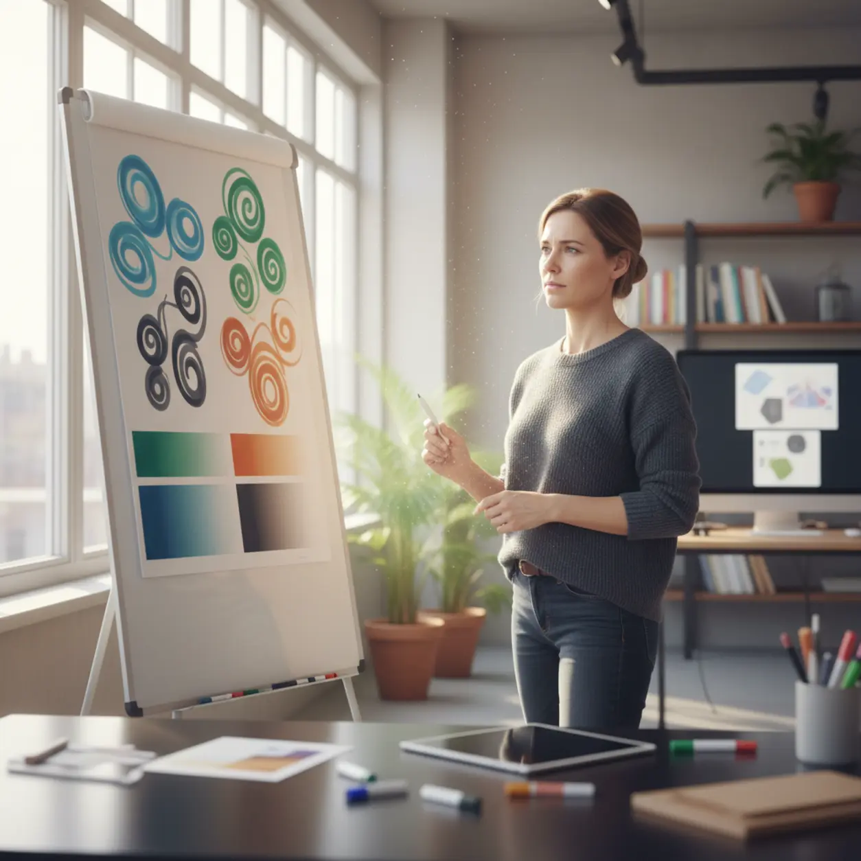 Projektant w studio, szkic brand identity.