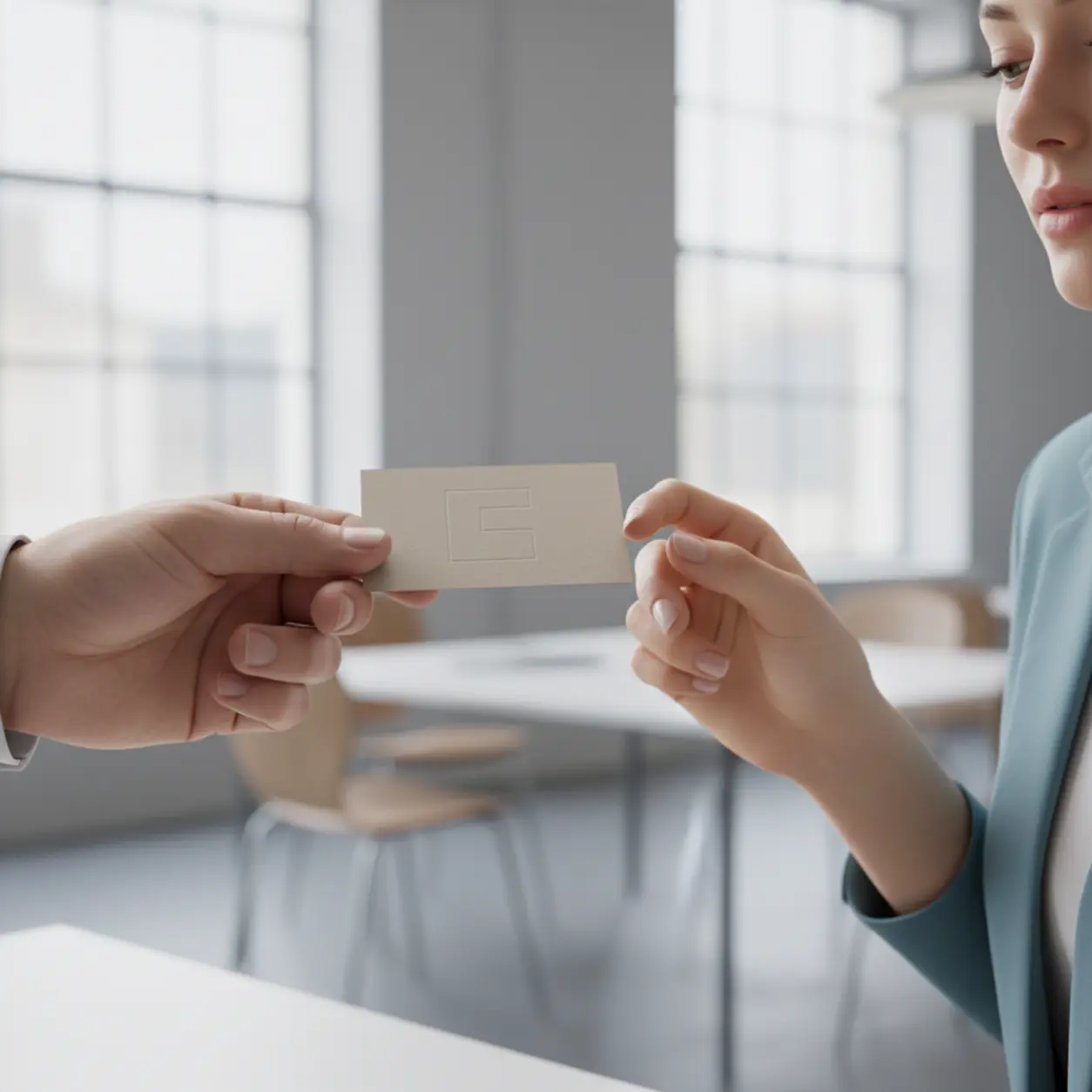 Dwie ręce z wizytówką w biurze.