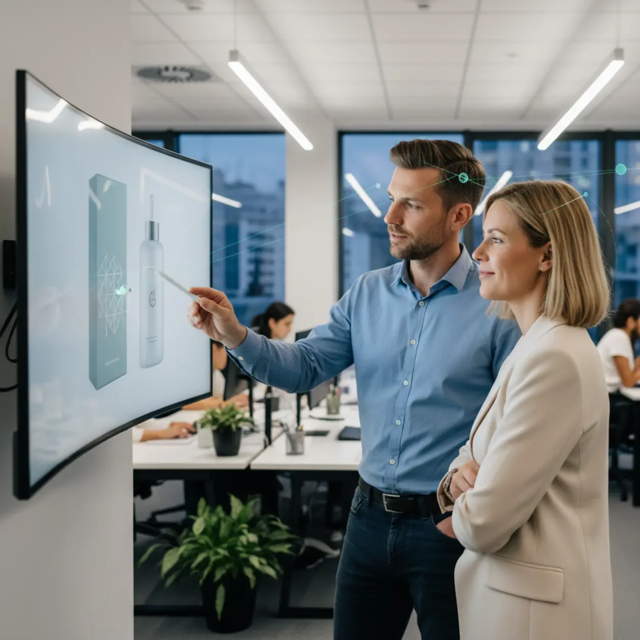 Marketing agency office, product packaging review.