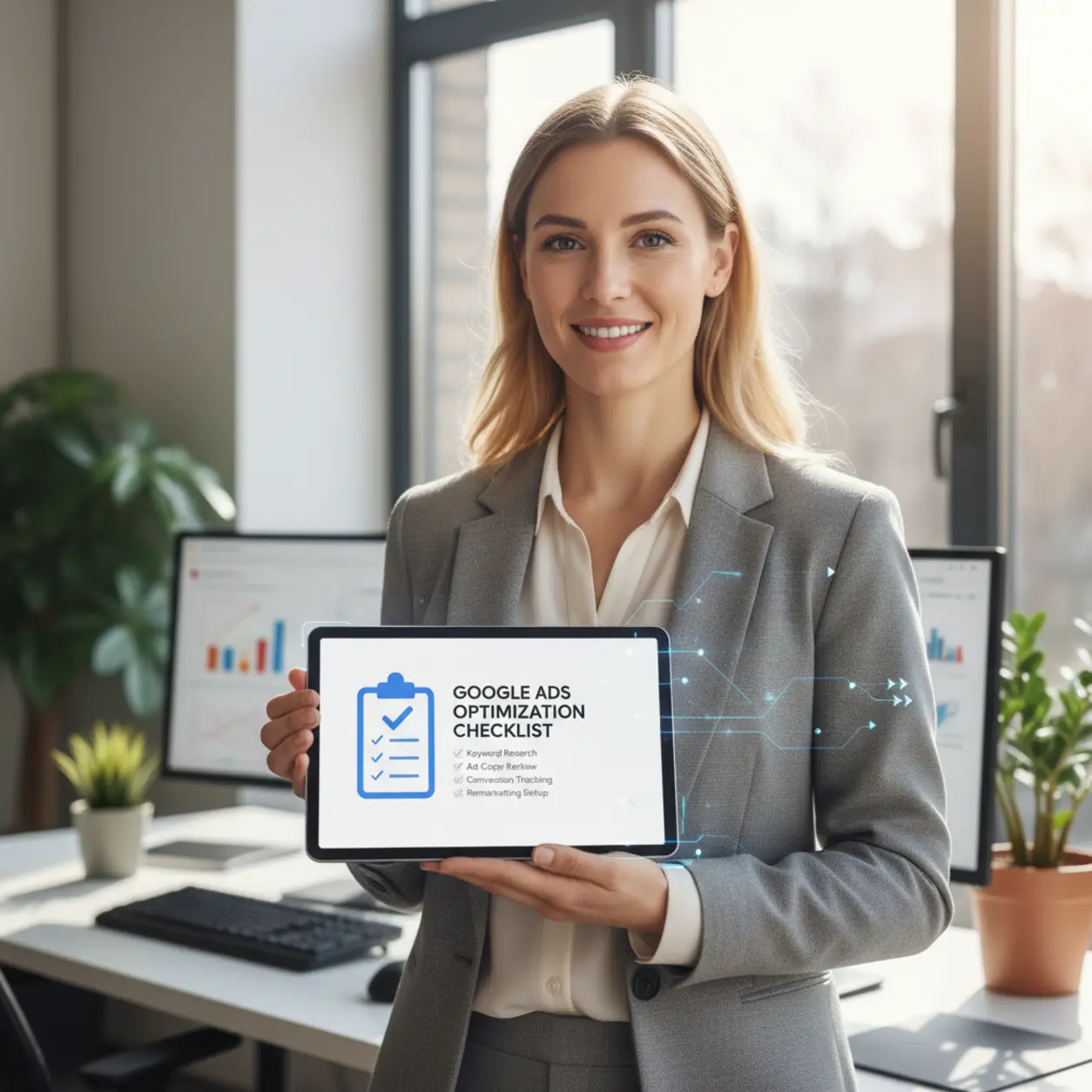 Kobieta z tabletem i reklamą Google Ads