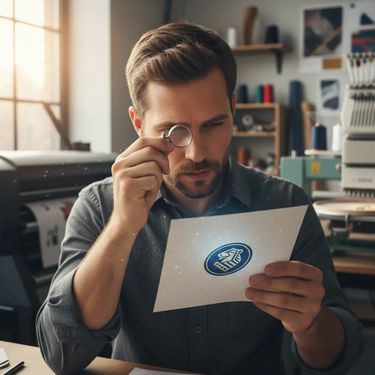 Grafik z lupą, analizujący logo.