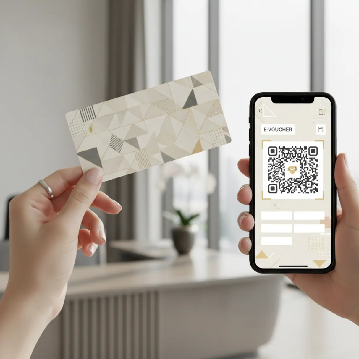 Elegancka dłoń trzyma kartę podarunkową z nowoczesnym designem, w tle smartfon z e-voucherem i kodem QR.

