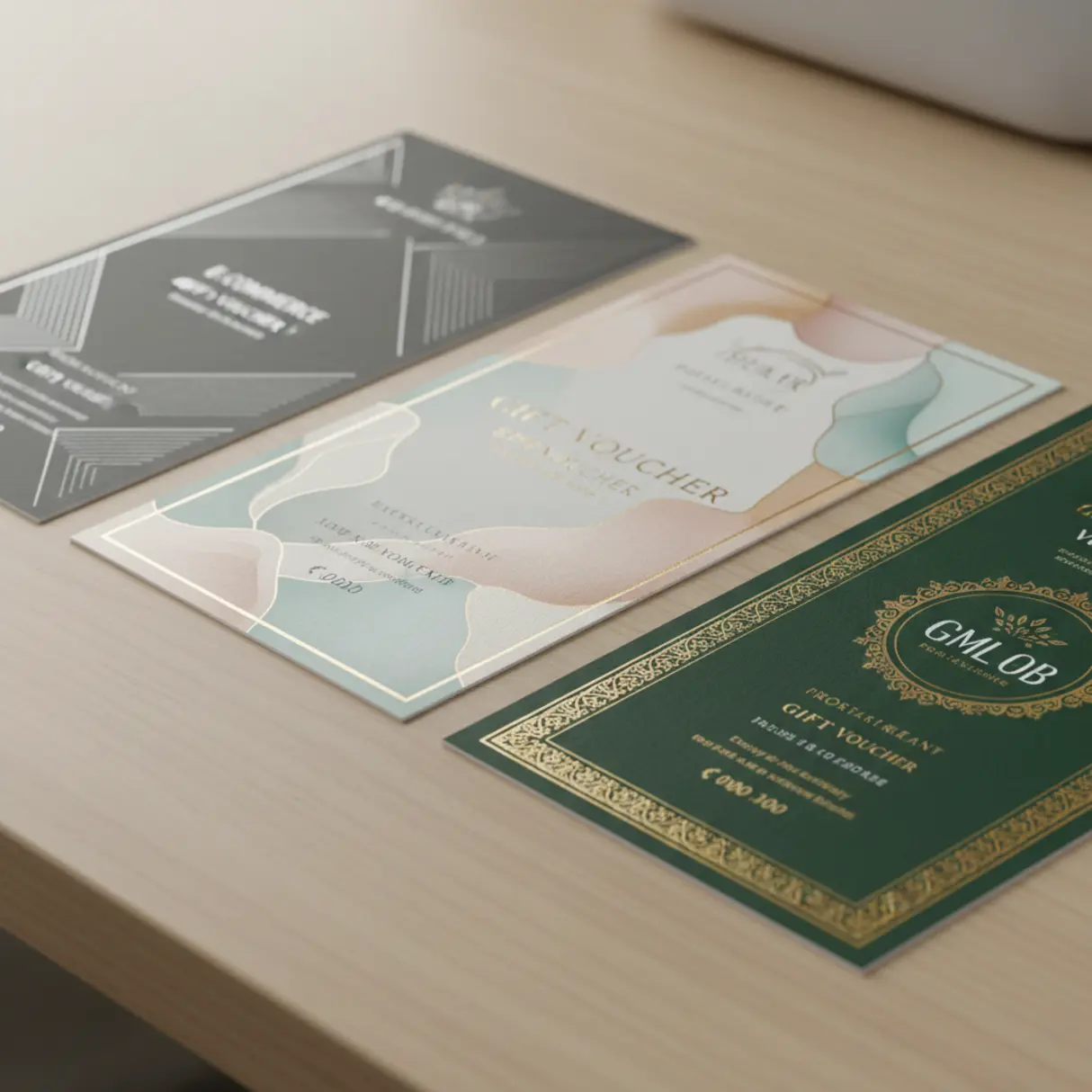 Eleganckie vouchery podarunkowe wysokiej jakości, różne wzory dla e-commerce, spa i restauracji, minimalistyczny design, luksusowa tekstura papieru, detale foliowe, profesjonalne wykonanie.
