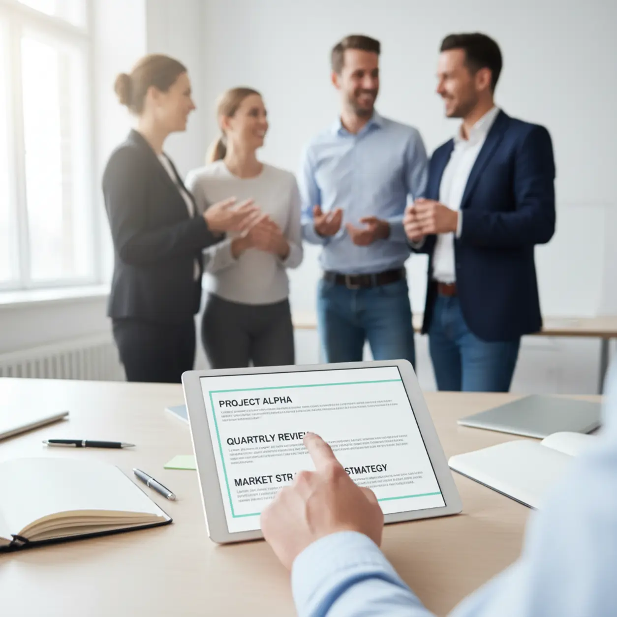 Nowoczesne biuro z prezentacją na tablecie.