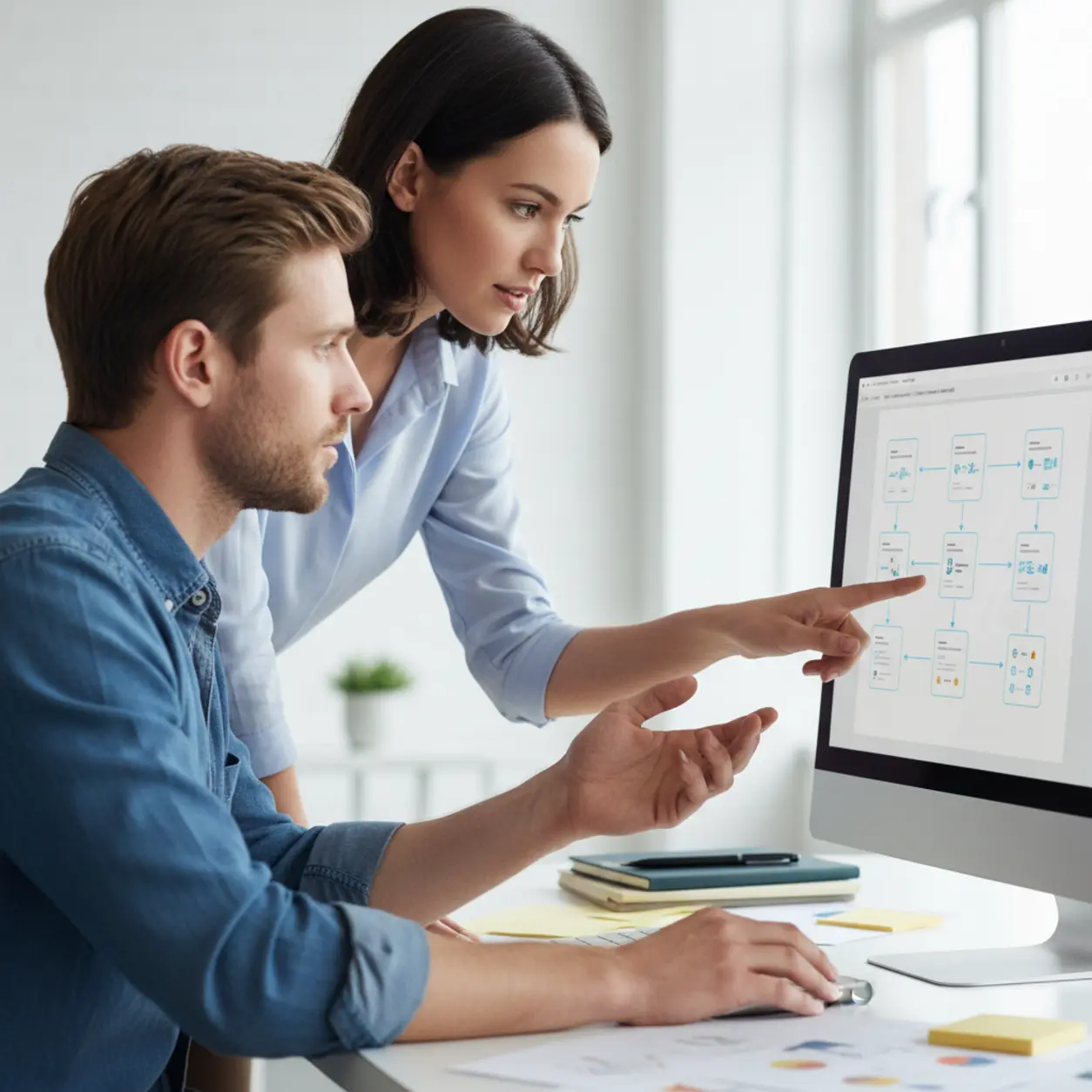 Mężczyzna i kobieta przy biurku, praca nad projektem.