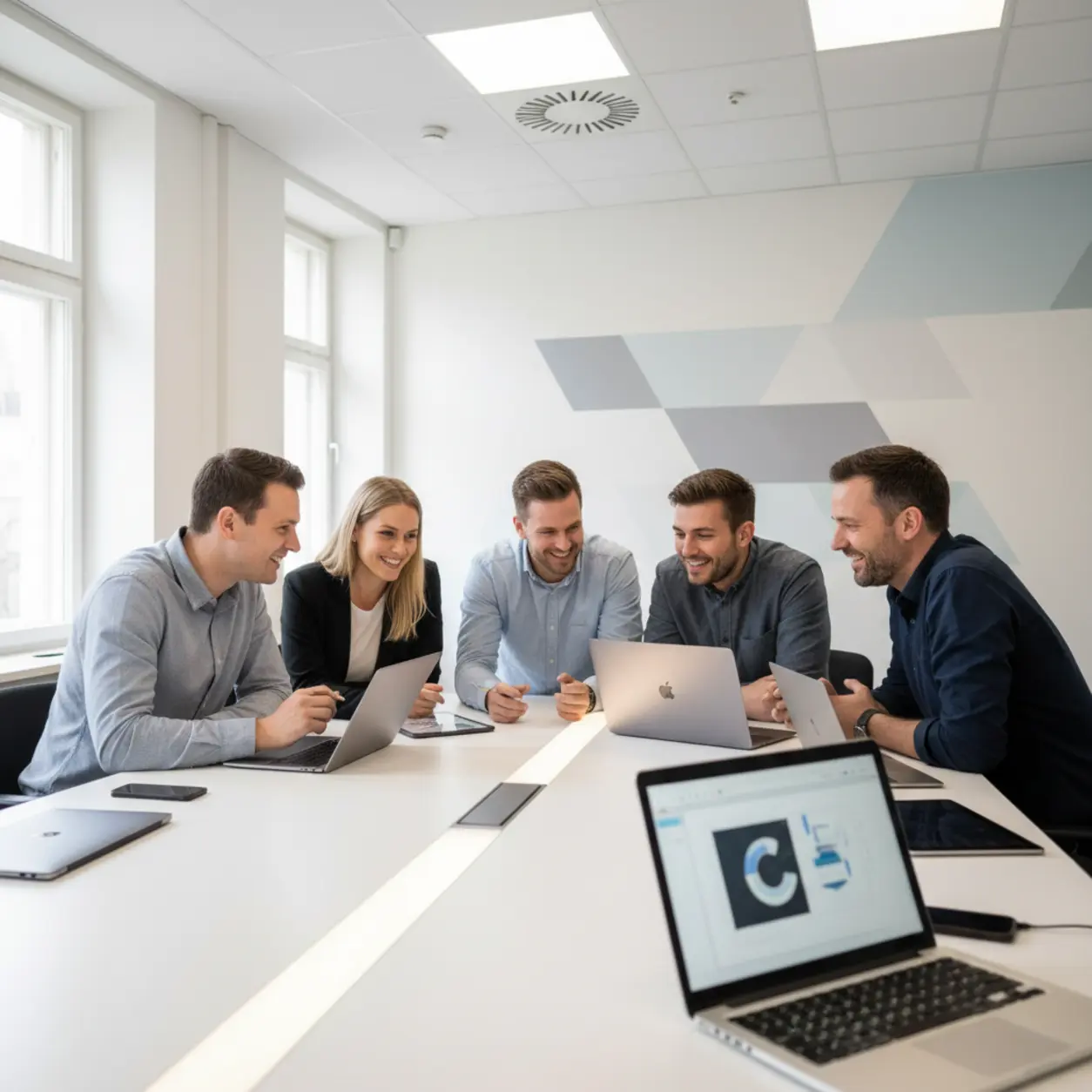 Uśmiechnięci biali Europejczycy w nowoczesnym biurze