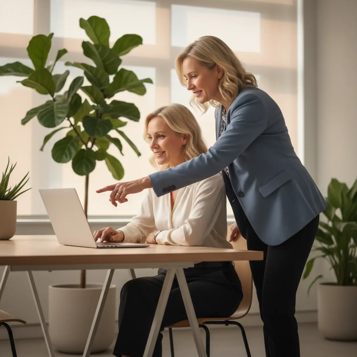 Dwie kobiety w biurze, praca z laptopem.