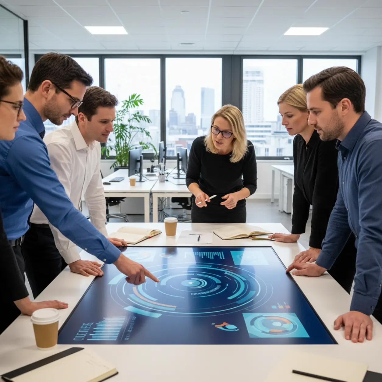 Profesjonaliści w biurze omawiają interfejs karuzeli.