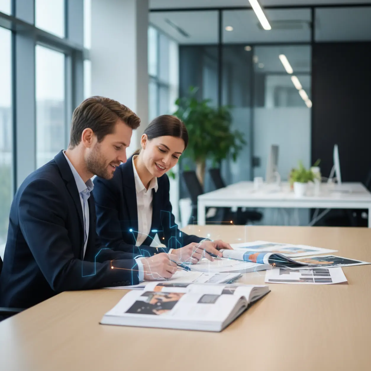 Dwóch profesjonalistów przy stole, dyskusja.