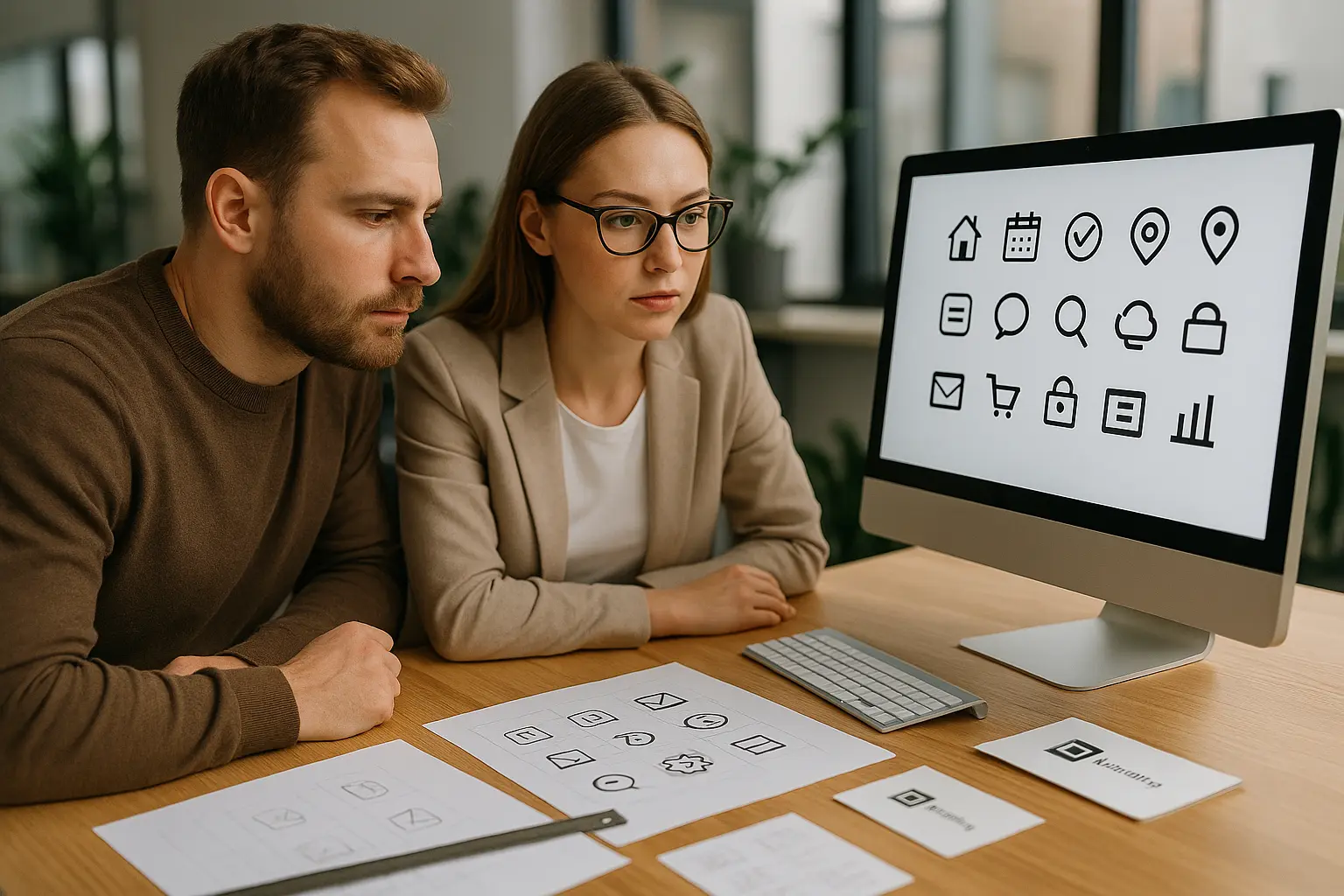 Mężczyzna i kobieta w biurze, projekt ikon.