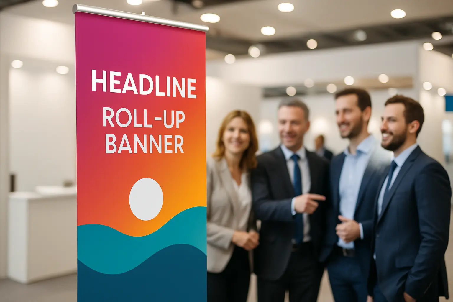 Nowoczesne stoisko wystawowe z banerem i ludźmi.