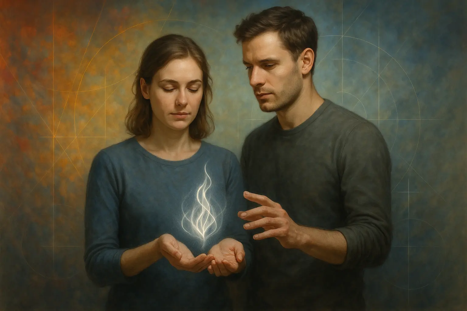 Para przed abstrakcyjnym tłem, interakcja z symbolem.