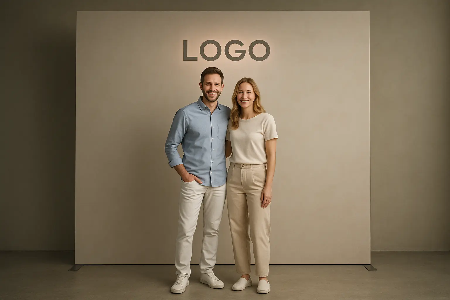 Nowoczesna ścianka reklamowa i uśmiechnięta para.