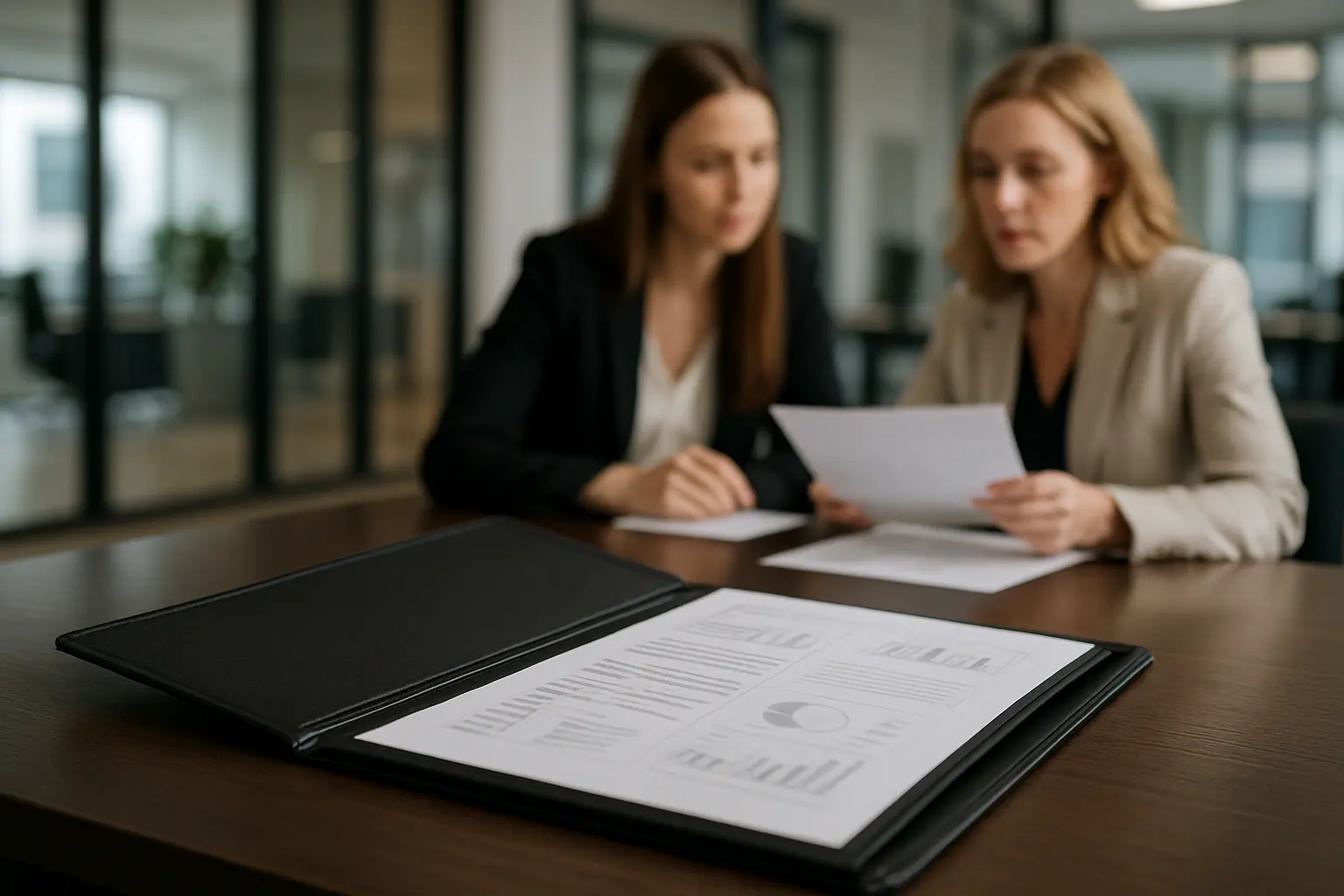 Teczka ofertowa na biurku, kobiety omawiają dokumenty.