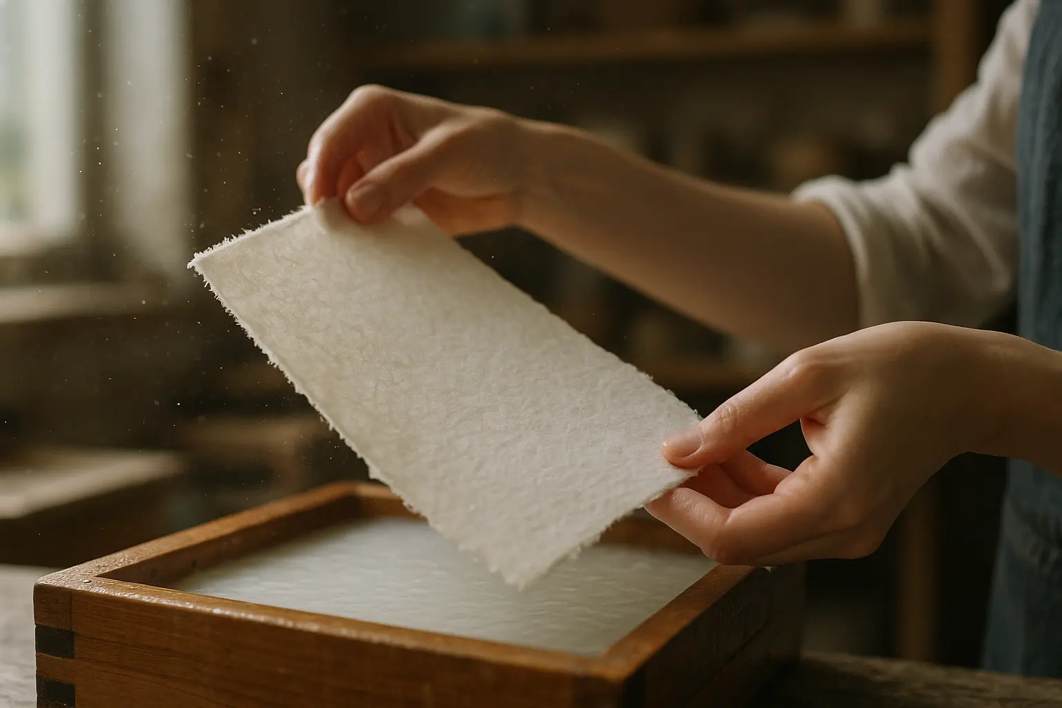 Kobieta z papierem czerpanym w warsztacie