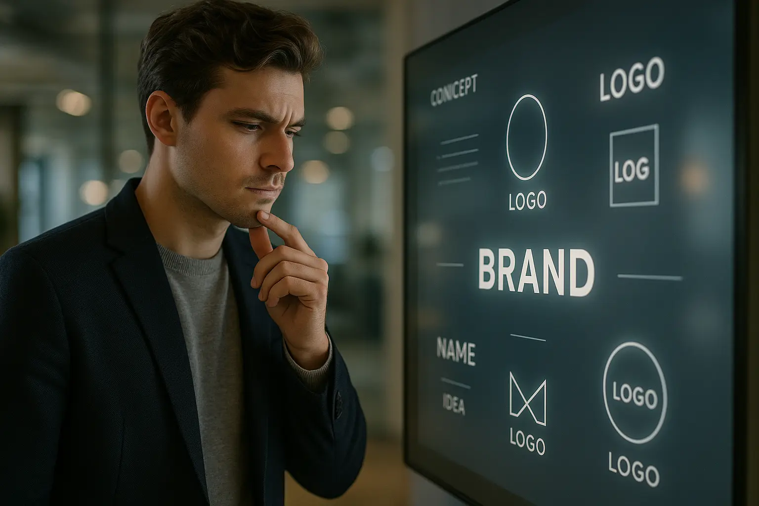 Mężczyzna analizuje logo na ekranie.