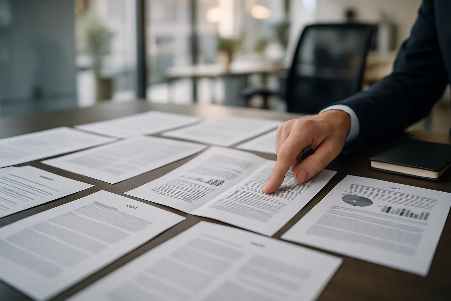 Biurko z dokumentami PDF, ręka wskazuje.