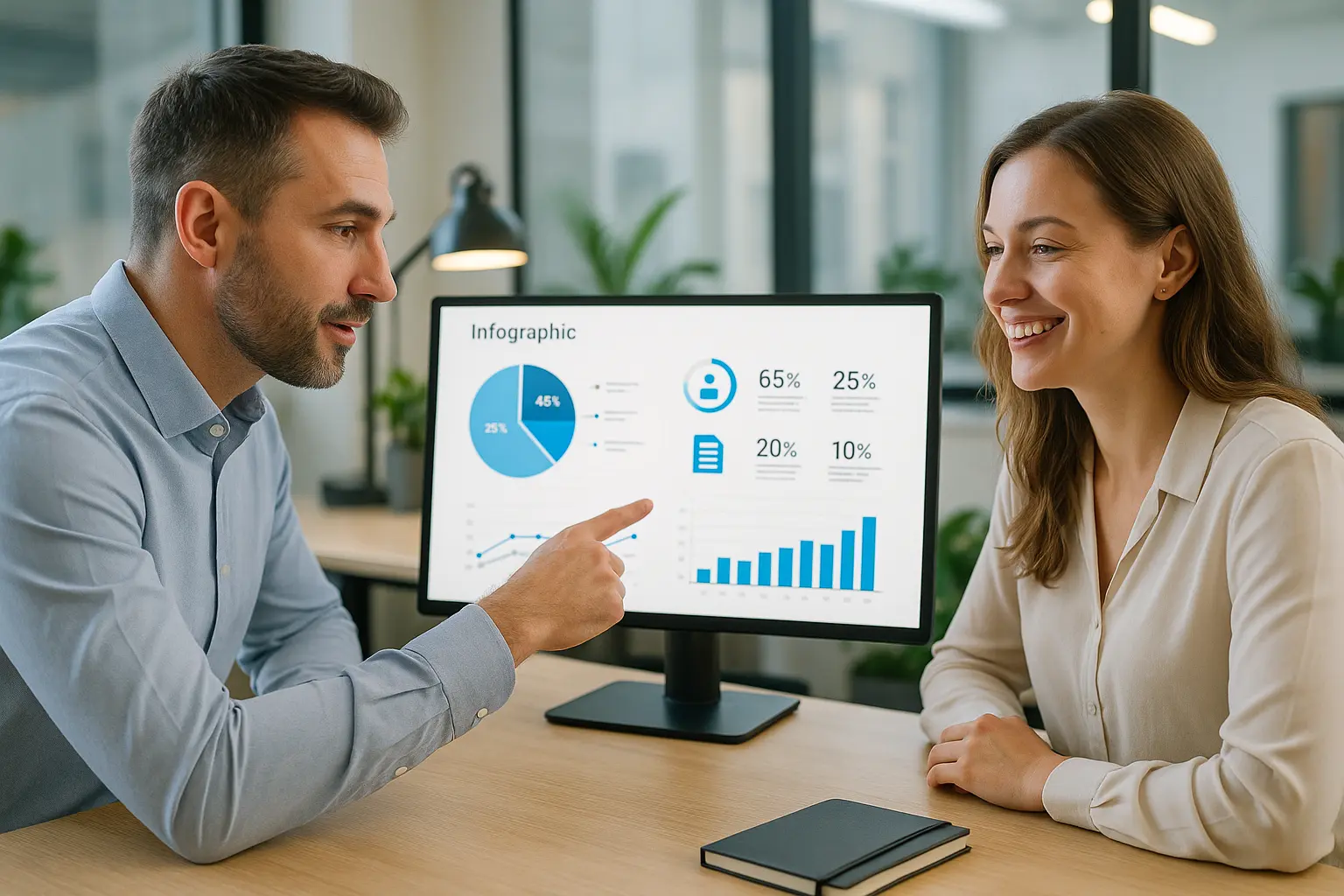 Para w biurze analizuje infografikę.