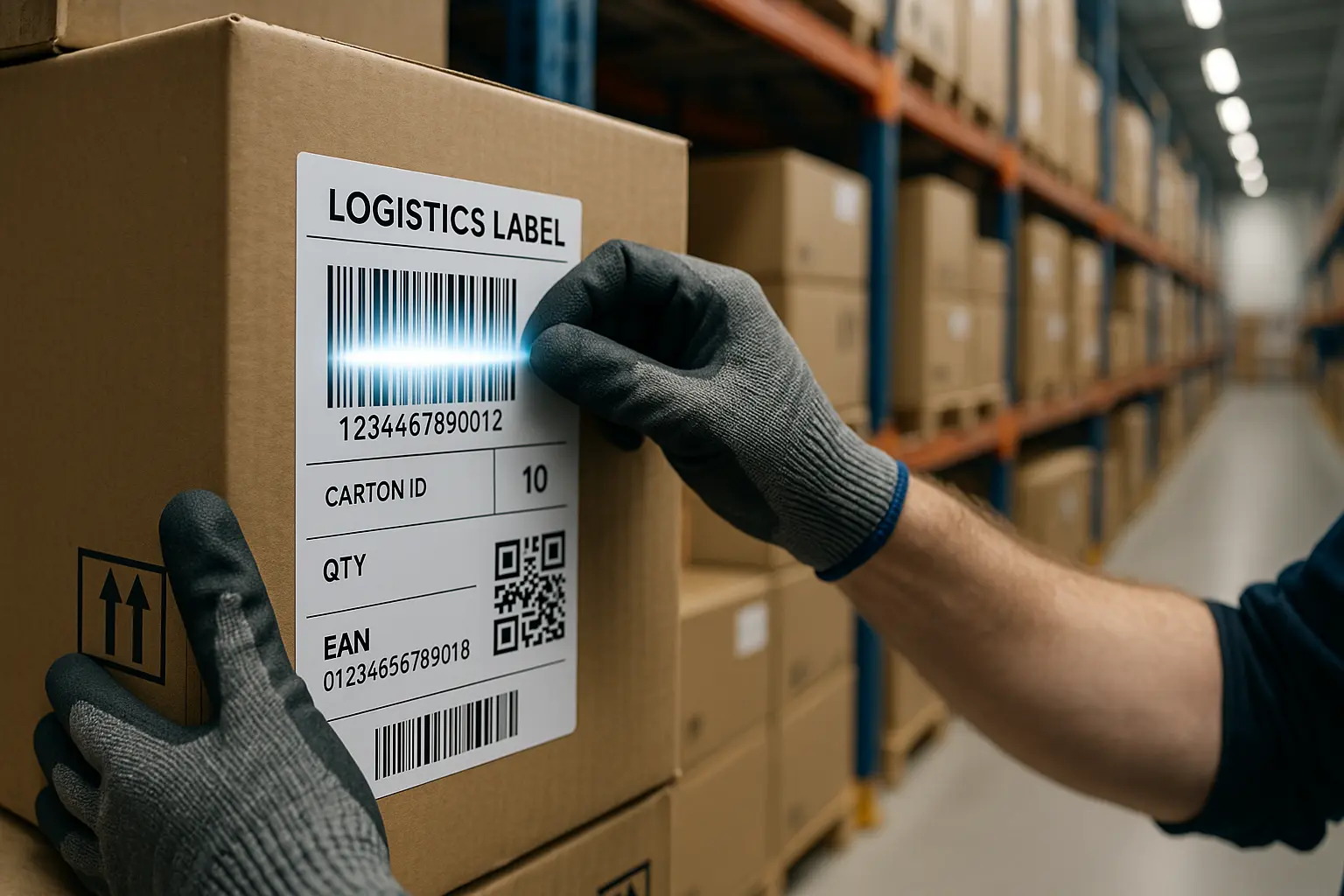 Biała dłoń przykleja etykietę na kartonie w centrum logistycznym.