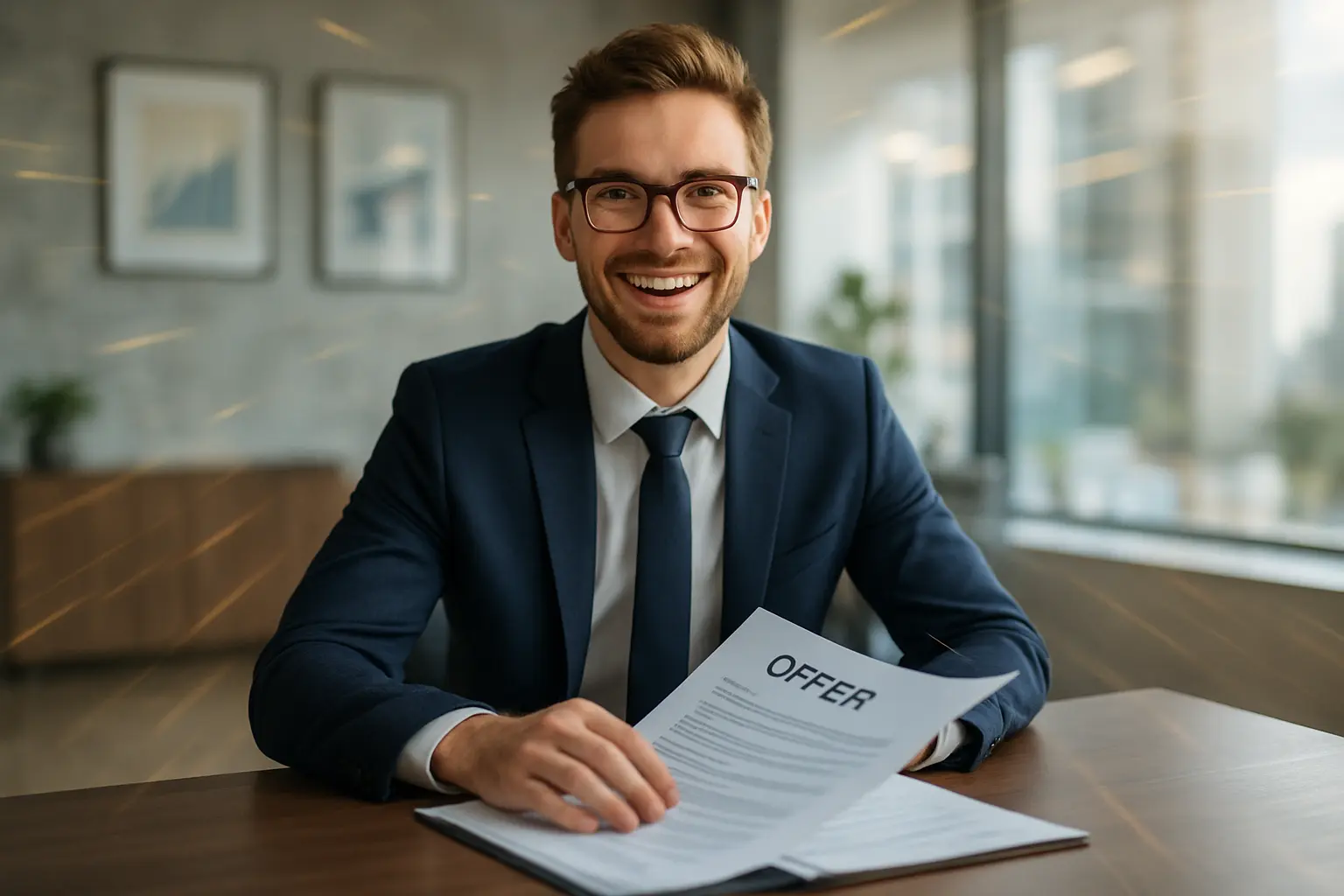 Uśmiechnięty handlowiec przy ofercie