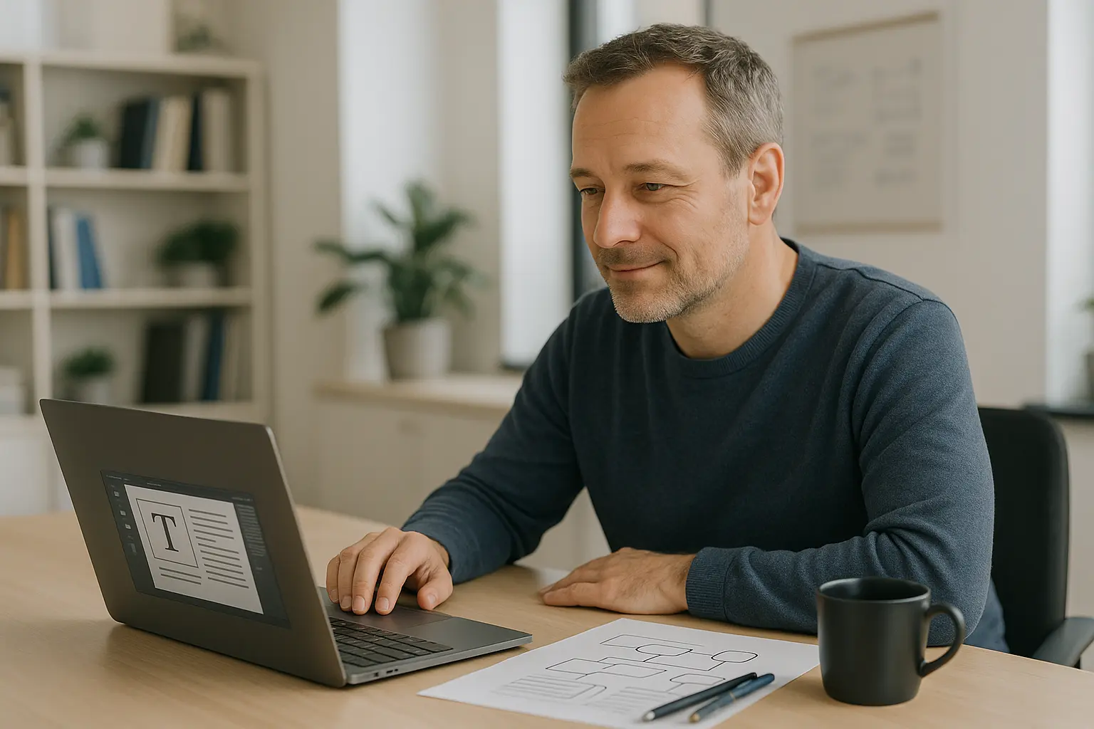 Mężczyzna przy biurku, praca z laptopem.