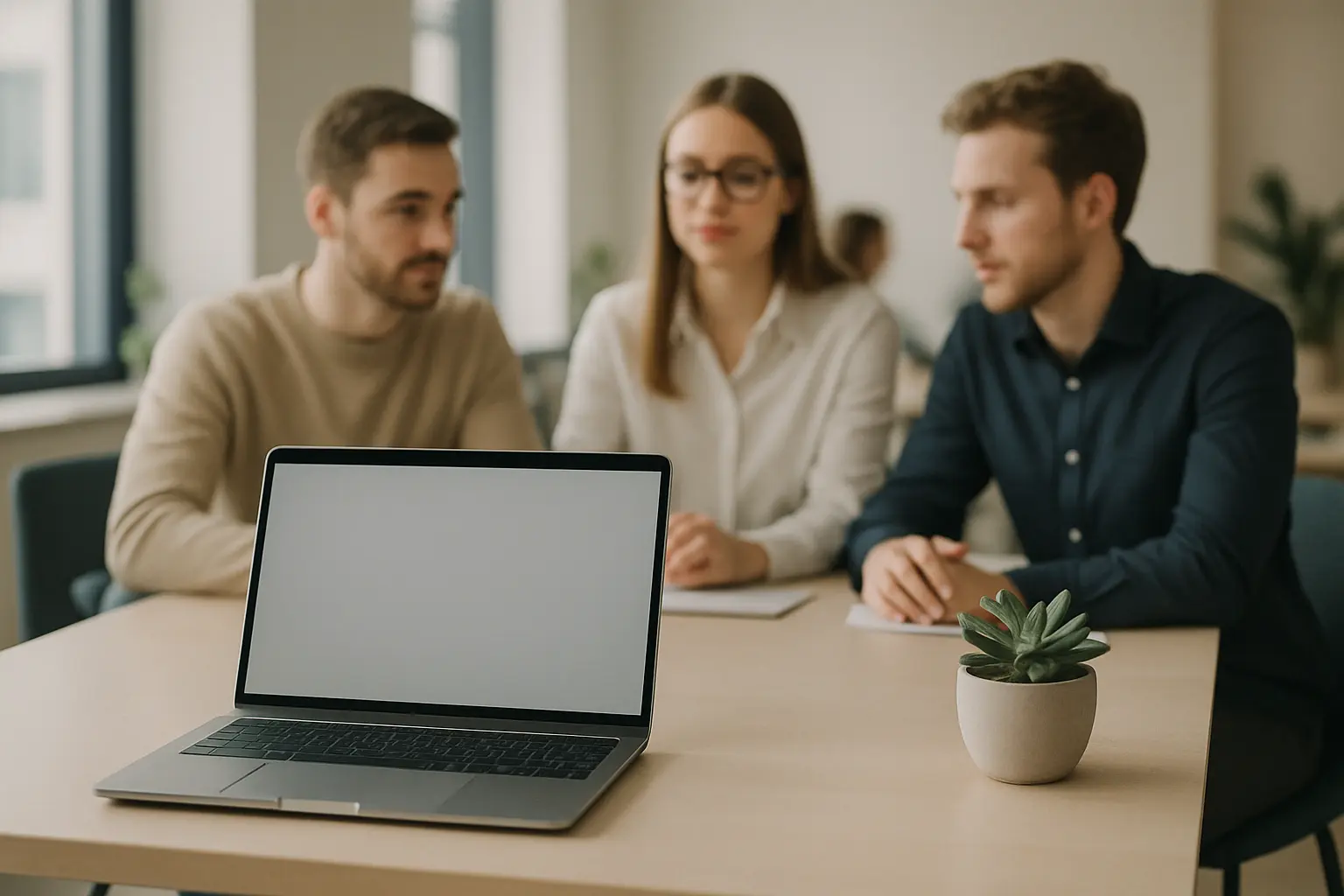 Minimalistyczne biuro, laptop, profesjonaliści.