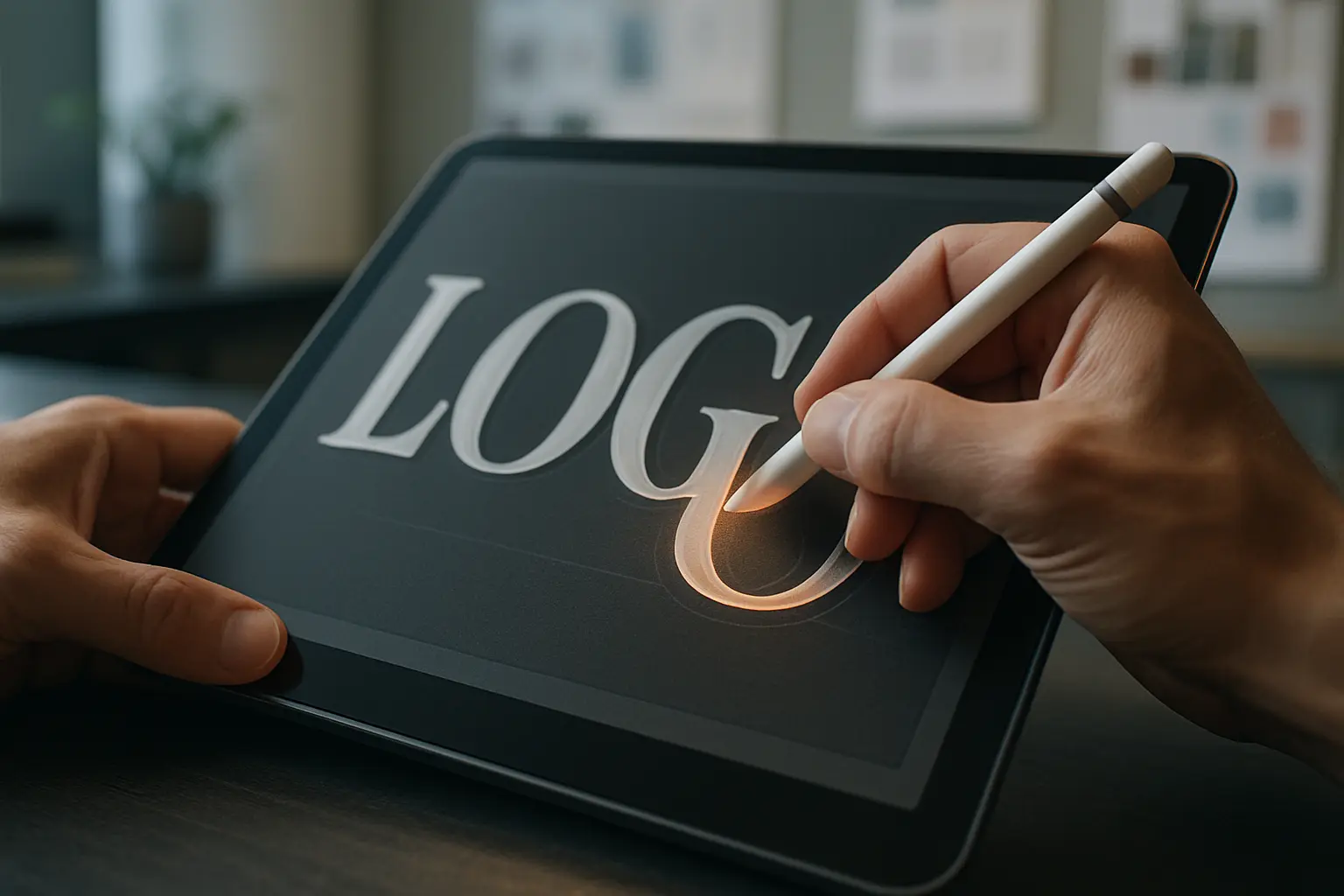 Projektant precyzyjnie dopracowuje logo na tablecie.