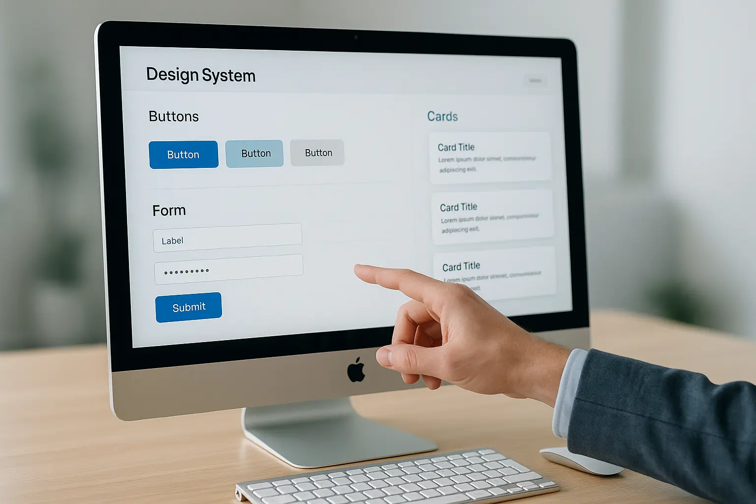 Fotorealistyczne UI, dłoń wskazuje.